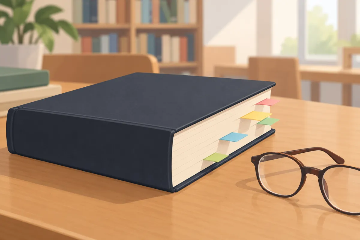 Estudiante de maestría en México revisando los capítulos de su tesis en una biblioteca