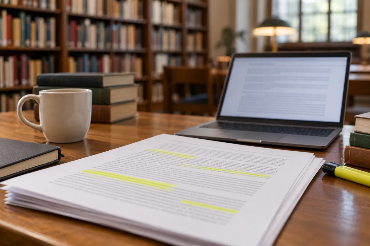 Estudiante revisando el borrador final del TFG y verificando las referencias bibliográficas