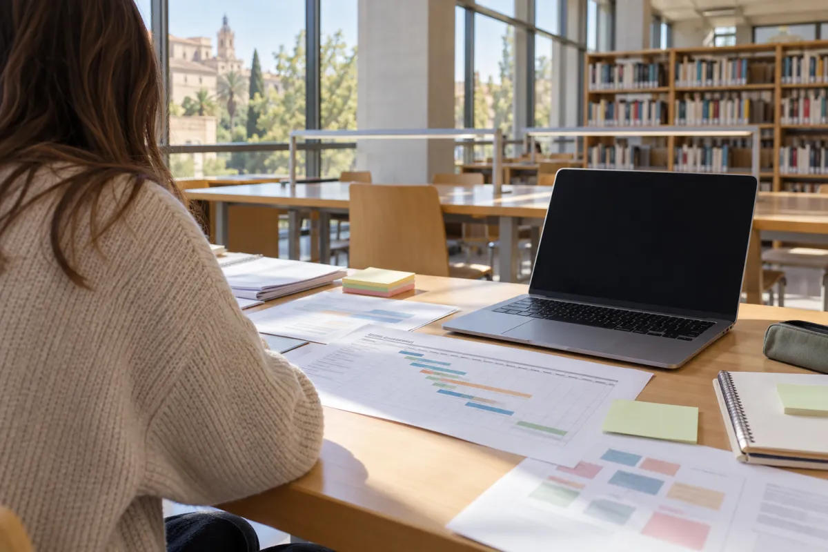 Estudiante de Trabajo Social revisando el cronograma de su proyecto de intervención para el TFG