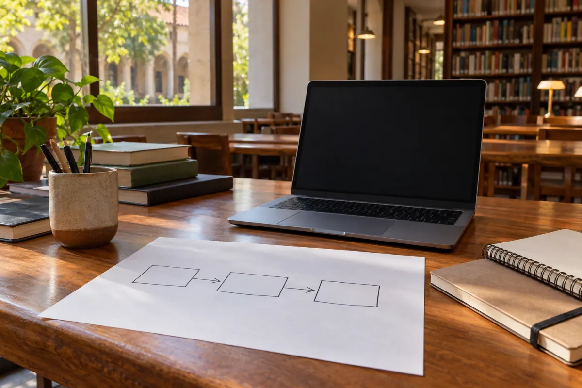 Estudiante dibujando un diagrama de variable independiente, interviniente y dependiente para su tesis
